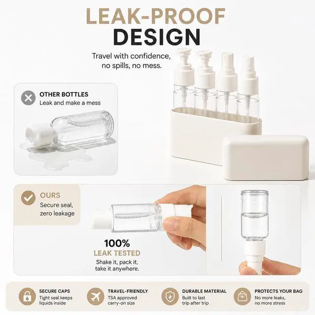 Alt view image 6 of 7 - Travel Bottles for Toiletries (2 Pump + 2 Spray), TSA Approved 1.7oz/50ml Travel Containers Set with Case, Leak Proof Skincare Travel Kit for Lotion, Cleanser, Toner & Facial Mist