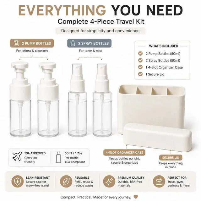 Alt view image 7 of 7 - Travel Bottles for Toiletries (2 Pump + 2 Spray), TSA Approved 1.7oz/50ml Travel Containers Set with Case, Leak Proof Skincare Travel Kit for Lotion, Cleanser, Toner & Facial Mist