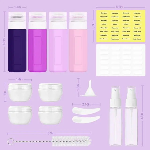 Alt view image 2 of 7 - 17 Pack Travel Bottles for Toiletries, Tsa Approved 3oz Travel Size Containers, Leak Proof Travel Size Toiletries Bottles Silicone, BPA Free Refillable Shampoo Conditioners Kit, Purple
