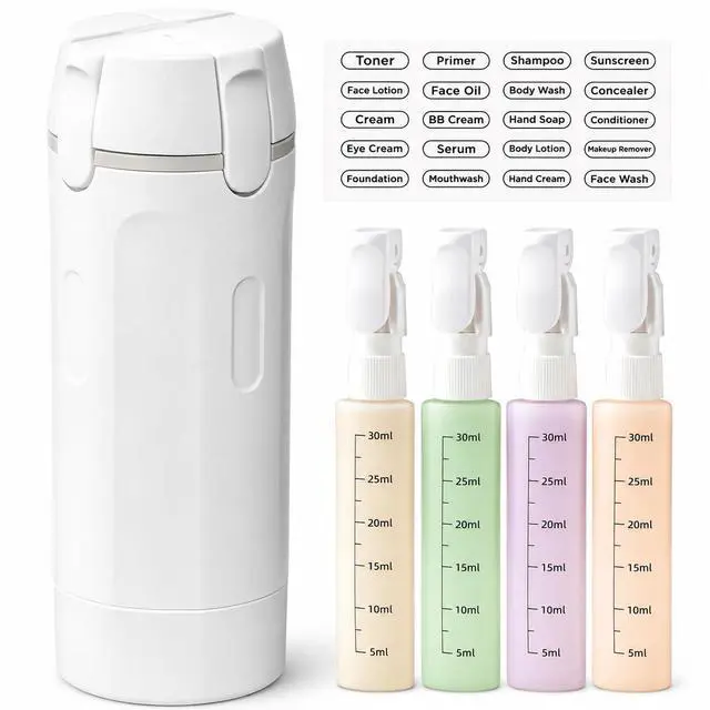 Main image of 4-in-1 Travel Dispenser Bottles, 4-Pack 1 oz Refillable Toiletry Set