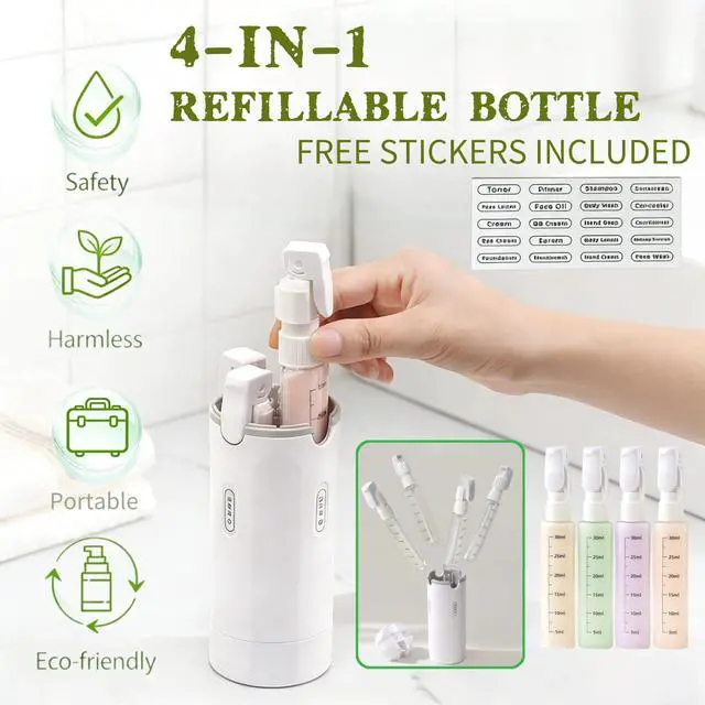 Alt view image 3 of 6 - 4-in-1 Travel Dispenser Bottles, 4-Pack 1 oz Refillable Toiletry Set