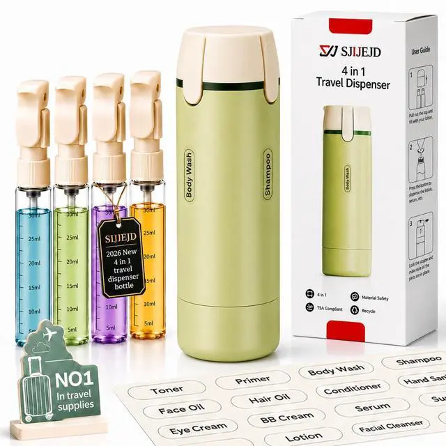 Main image of 4 in 1 Travel Dispenser Bottle Set, Leakproof TSA Travel Size Containers for Toiletries, Portable Refillable Bottles, Hard Shell Rotating Design with Scale and Labels