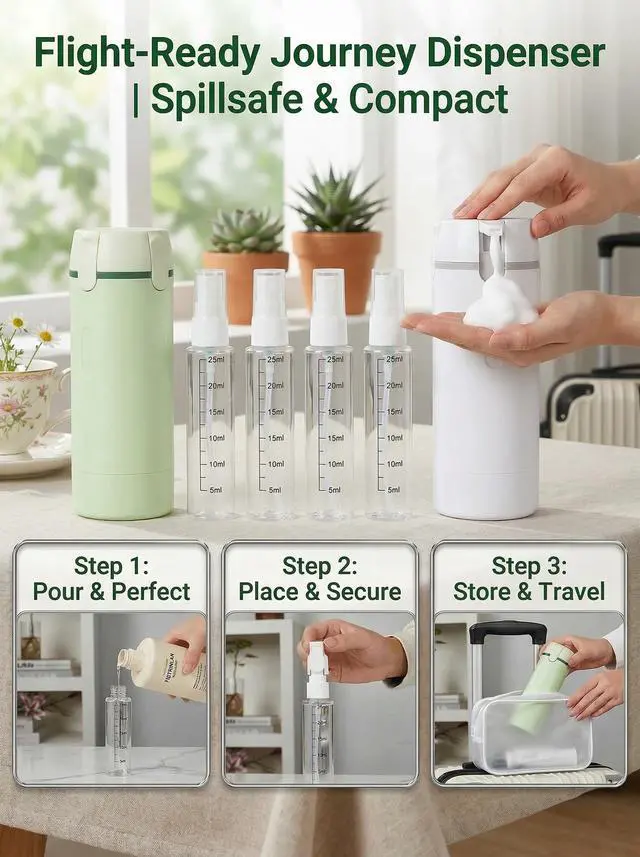 Alt view image 5 of 7 - 4 in 1 Travel Dispenser Bottle Set, Leakproof TSA Travel Size Containers for Toiletries, Portable Refillable Bottles, Hard Shell Rotating Design with Scale and Labels