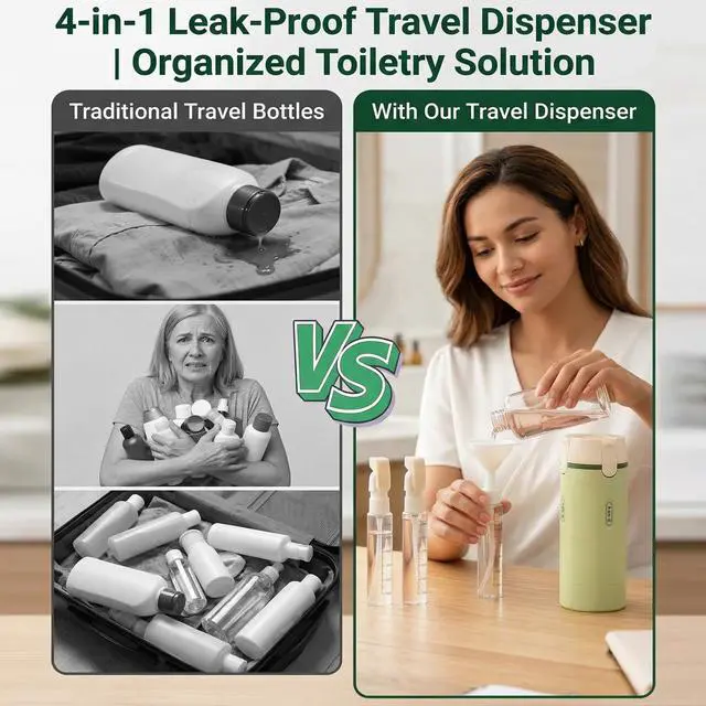 Alt view image 3 of 7 - 4 in 1 Travel Dispenser Bottle Set, Leakproof TSA Travel Size Containers for Toiletries, Portable Refillable Bottles, Hard Shell Rotating Design with Scale and Labels