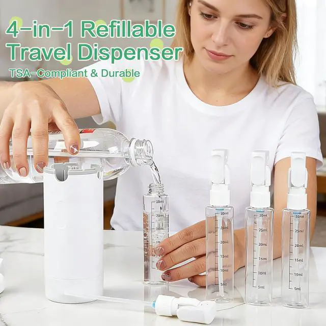 Alt view image 7 of 7 - 4 in 1 Travel Dispenser Bottle Set, Leakproof TSA Travel Size Containers for Toiletries, Portable Refillable Bottles, Hard Shell Rotating Design with Scale and Labels