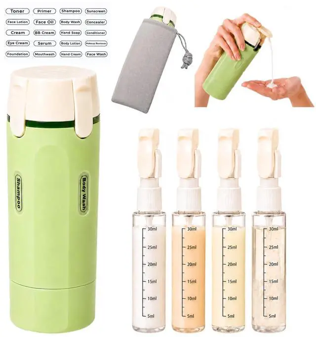 Main image of 4 in 1 Travel Dispenser, Leak-Proof Travel Bottles with Storage Bag, 4 Refillable 30ml (1oz) Travel Containers for Toiletries, Portable Green Set for Shampoo, Body Wash, Lotion