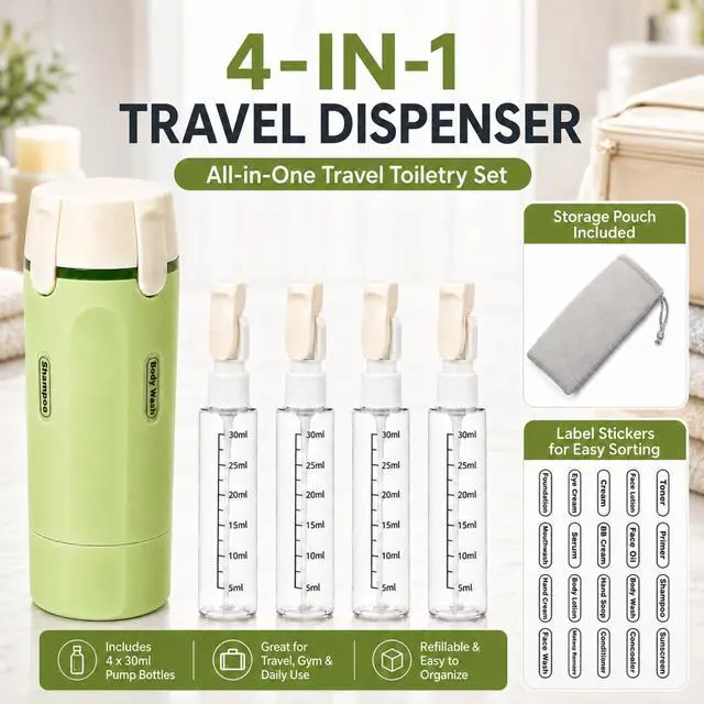 Alt view image 2 of 7 - 4 in 1 Travel Dispenser, Leak-Proof Travel Bottles with Storage Bag, 4 Refillable 30ml (1oz) Travel Containers for Toiletries, Portable Green Set for Shampoo, Body Wash, Lotion