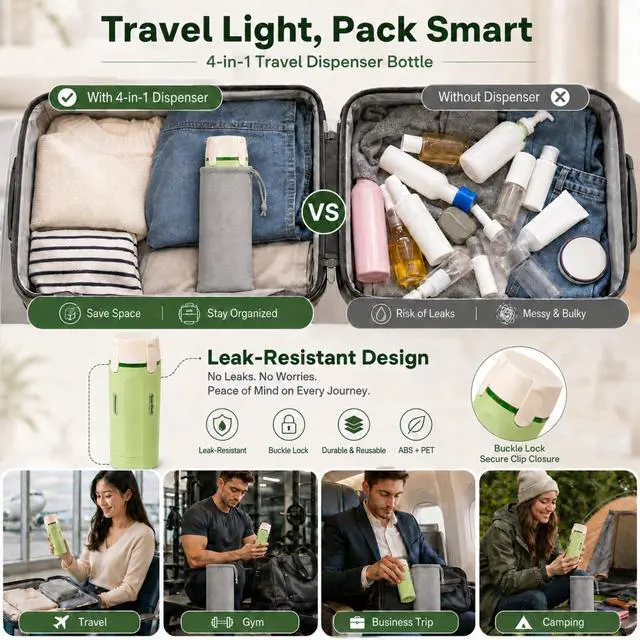 Alt view image 3 of 7 - 4 in 1 Travel Dispenser, Leak-Proof Travel Bottles with Storage Bag, 4 Refillable 30ml (1oz) Travel Containers for Toiletries, Portable Green Set for Shampoo, Body Wash, Lotion
