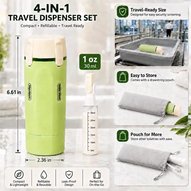 Alt view image 4 of 7 - 4 in 1 Travel Dispenser, Leak-Proof Travel Bottles with Storage Bag, 4 Refillable 30ml (1oz) Travel Containers for Toiletries, Portable Green Set for Shampoo, Body Wash, Lotion
