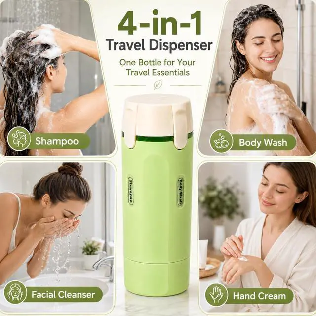 Alt view image 5 of 7 - 4 in 1 Travel Dispenser, Leak-Proof Travel Bottles with Storage Bag, 4 Refillable 30ml (1oz) Travel Containers for Toiletries, Portable Green Set for Shampoo, Body Wash, Lotion