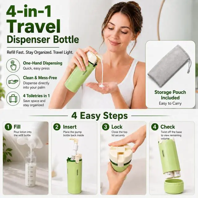 Alt view image 7 of 7 - 4 in 1 Travel Dispenser, Leak-Proof Travel Bottles with Storage Bag, 4 Refillable 30ml (1oz) Travel Containers for Toiletries, Portable Green Set for Shampoo, Body Wash, Lotion