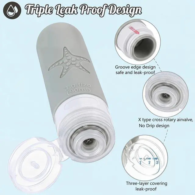 Alt view image 4 of 7 - 18 Pack Travel Bottles for Toiletries - TSA Approved, Triple Leak Proof Silicone Set, 3oz Refillable Travel Essentials Kit for Shampoo, Conditioner, Lotion & More, Gray, BPA Free
