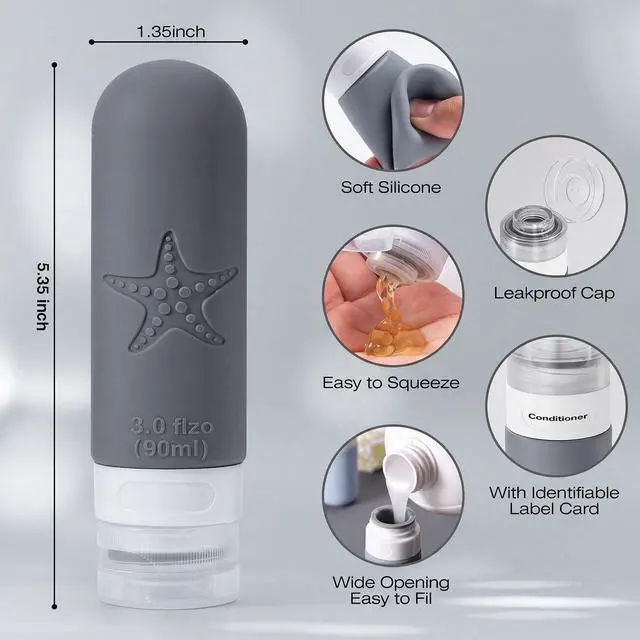 Alt view image 6 of 7 - 18 Pack Travel Bottles for Toiletries - TSA Approved, Triple Leak Proof Silicone Set, 3oz Refillable Travel Essentials Kit for Shampoo, Conditioner, Lotion & More, Gray, BPA Free
