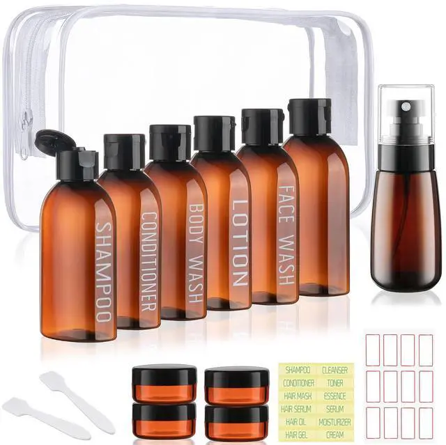 Main image of Travel Kit - 10 Pcs Travel Bottles for Toiletries, TSA Approved, Leak Proof Plastic Small Cream Jars & Refillable Spray Bottle for Shampoo, Conditioner (Brown)