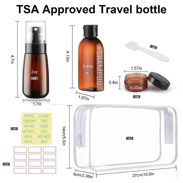 Alt view image 2 of 7 - Travel Kit - 10 Pcs Travel Bottles for Toiletries, TSA Approved, Leak Proof Plastic Small Cream Jars & Refillable Spray Bottle for Shampoo, Conditioner (Brown)