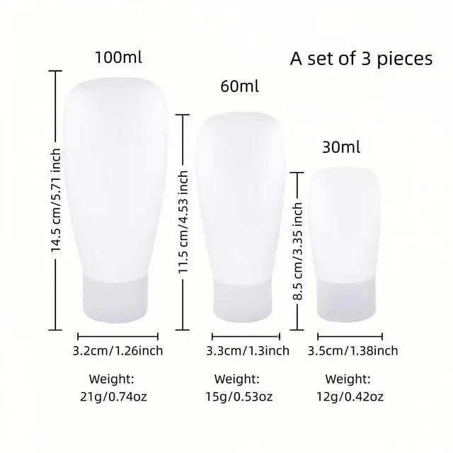 Alt view image 3 of 7 - Portable Travel Bottles Set, Silicone Squeeze Containers, White, 3-Pack (30ml, 60ml, 100ml), Leakproof, Wide Mouth Design, BPA-Free, TSA Approved for Toiletries, Shampoo, Lotion (White)