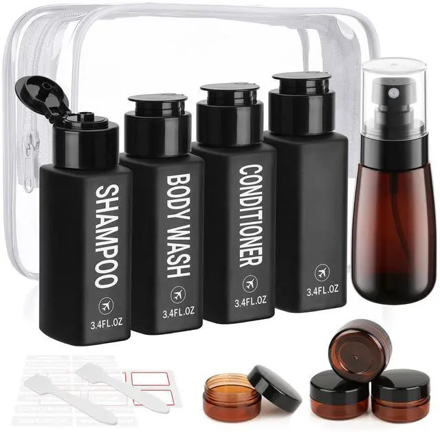 Main image of Travel Bottles for Toiletries 14PCS 3.4oz Pre-Printed Shampoo, Conditioner, Body Wash TSA Approved 2oz Travel Spray Bottle Leak Proof Plastic Cream Jars Refillable Lotion Containers(Black)