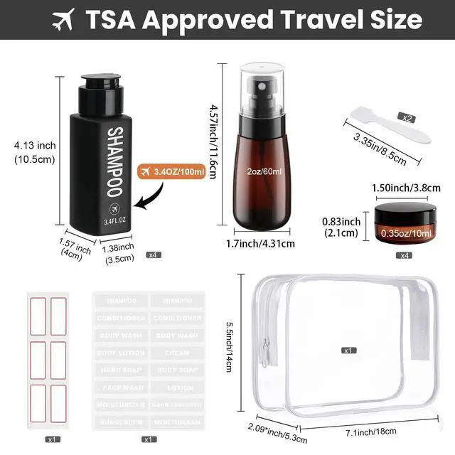 Alt view image 3 of 7 - Travel Bottles for Toiletries 14PCS 3.4oz Pre-Printed Shampoo, Conditioner, Body Wash TSA Approved 2oz Travel Spray Bottle Leak Proof Plastic Cream Jars Refillable Lotion Containers(Black)