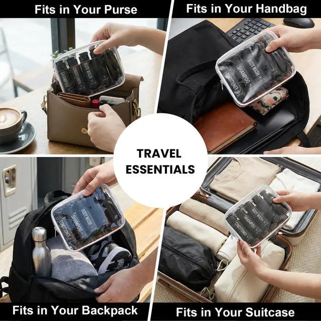 Alt view image 6 of 7 - Travel Bottles for Toiletries 14PCS 3.4oz Pre-Printed Shampoo, Conditioner, Body Wash TSA Approved 2oz Travel Spray Bottle Leak Proof Plastic Cream Jars Refillable Lotion Containers(Black)