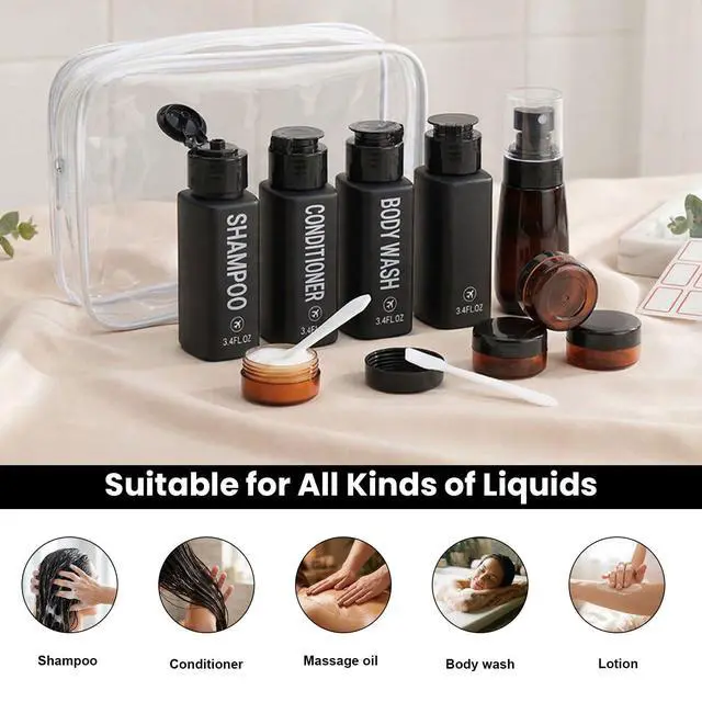 Alt view image 7 of 7 - Travel Bottles for Toiletries 14PCS 3.4oz Pre-Printed Shampoo, Conditioner, Body Wash TSA Approved 2oz Travel Spray Bottle Leak Proof Plastic Cream Jars Refillable Lotion Containers(Black)
