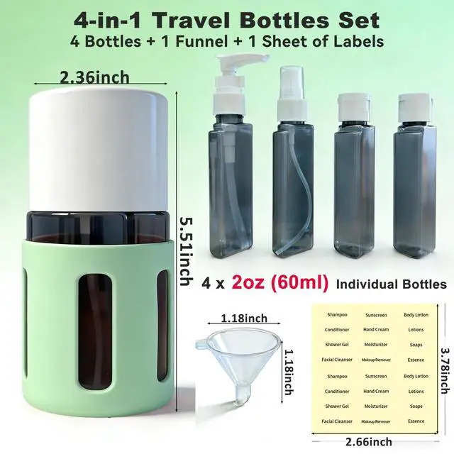 Alt view image 2 of 6 - 4-in-1 Round Refillable Cosmetic Container Kit, Leak Proof Portable Travel Toiletry Bottles, TSA Approved Travel bottles, Empty Jars for Cosmetics Lotion Shampoo (Green)