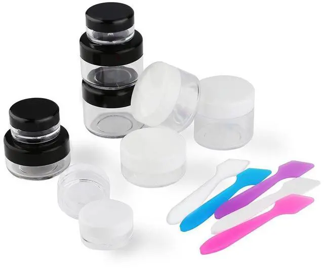 Alt view image 4 of 7 - 10 Pieces Makeup Travel Containers with Lids 0.11/0.18/0.35/0.53/0.7 OZ Size Cosmetic Jars with 5 Pieces Mini Spatulas for Gift, Plastic Container Jars for Travel Storage Makeup (White Color)