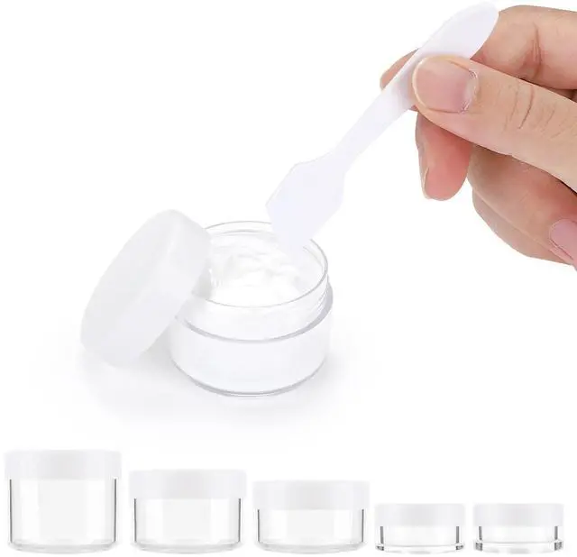 Alt view image 5 of 7 - 10 Pieces Makeup Travel Containers with Lids 0.11/0.18/0.35/0.53/0.7 OZ Size Cosmetic Jars with 5 Pieces Mini Spatulas for Gift, Plastic Container Jars for Travel Storage Makeup (White Color)