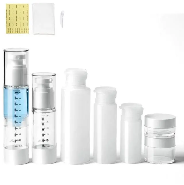 Main image of Travel Bottles Kits 7 Pcs , TSA Approved Leak Proof Toiletry Container Set, Graduated Vaccumn atomizer and Lotion Bottle, Squeeze Bottle, Transparent Cream Jar, for Shampoo Lotion Cream Cosmetic