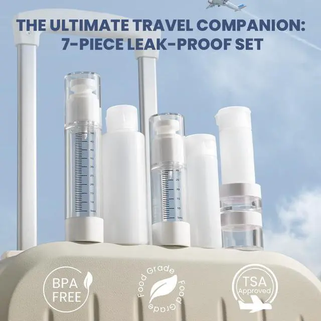 Alt view image 2 of 7 - Travel Bottles Kits 7 Pcs , TSA Approved Leak Proof Toiletry Container Set, Graduated Vaccumn atomizer and Lotion Bottle, Squeeze Bottle, Transparent Cream Jar, for Shampoo Lotion Cream Cosmetic
