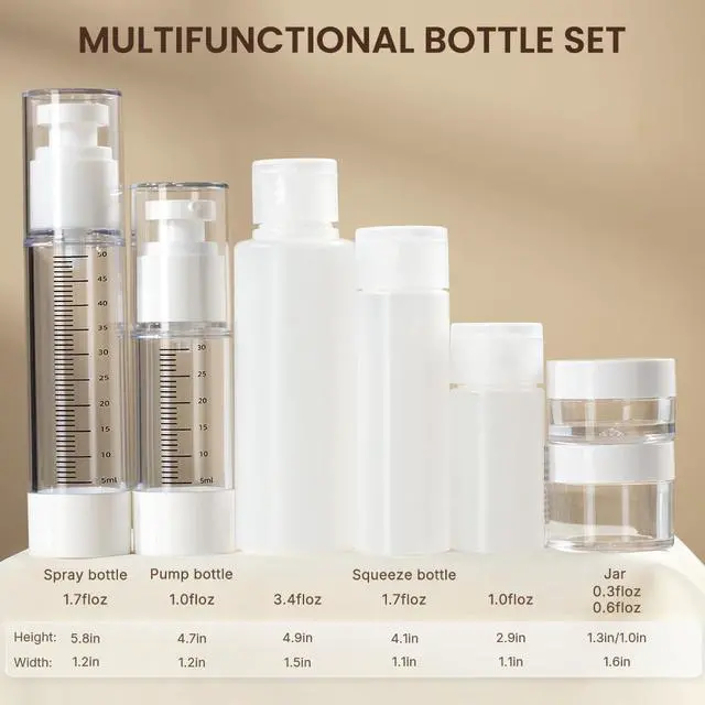 Alt view image 3 of 7 - Travel Bottles Kits 7 Pcs , TSA Approved Leak Proof Toiletry Container Set, Graduated Vaccumn atomizer and Lotion Bottle, Squeeze Bottle, Transparent Cream Jar, for Shampoo Lotion Cream Cosmetic