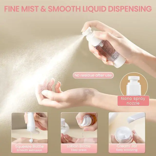 Alt view image 4 of 7 - Travel Bottles Kits 7 Pcs , TSA Approved Leak Proof Toiletry Container Set, Graduated Vaccumn atomizer and Lotion Bottle, Squeeze Bottle, Transparent Cream Jar, for Shampoo Lotion Cream Cosmetic
