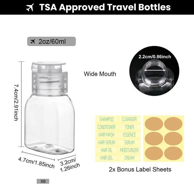 Alt view image 2 of 7 - Travel Bottles for Toiletries 6 Pack 2oz/60ml Leak Proof Travel Size Toiletries TSA Approved Squeeze Bottles with Flip Cap Wide Mouth Containers for Shampoo Conditioner Body Wash(Clear)