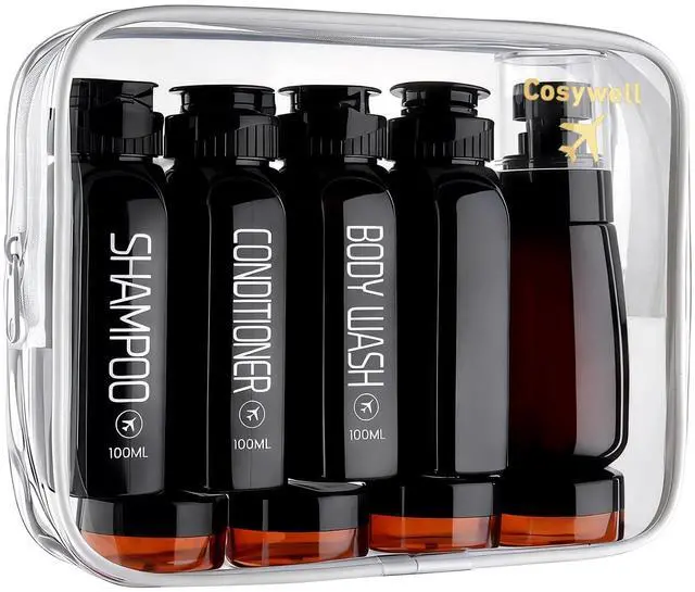 Main image of Travel Bottles for Toiletries 10PCS 100ml/3.4oz Pre-Printed Shampoo, Conditioner & Body Wash TSA Approved 2oz Spray Bottle Leakproof 0.35oz Plastic Cream Jars Refillable Cream Lotion(Black)