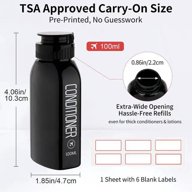 Alt view image 2 of 6 - Travel Bottles for Toiletries 10PCS 100ml/3.4oz Pre-Printed Shampoo, Conditioner & Body Wash TSA Approved 2oz Spray Bottle Leakproof 0.35oz Plastic Cream Jars Refillable Cream Lotion(Black)