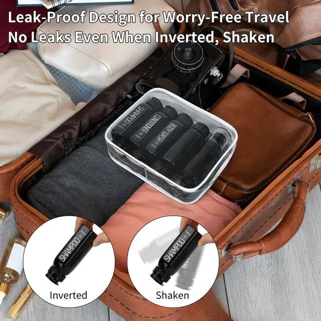 Alt view image 3 of 6 - Travel Bottles for Toiletries 10PCS 100ml/3.4oz Pre-Printed Shampoo, Conditioner & Body Wash TSA Approved 2oz Spray Bottle Leakproof 0.35oz Plastic Cream Jars Refillable Cream Lotion(Black)