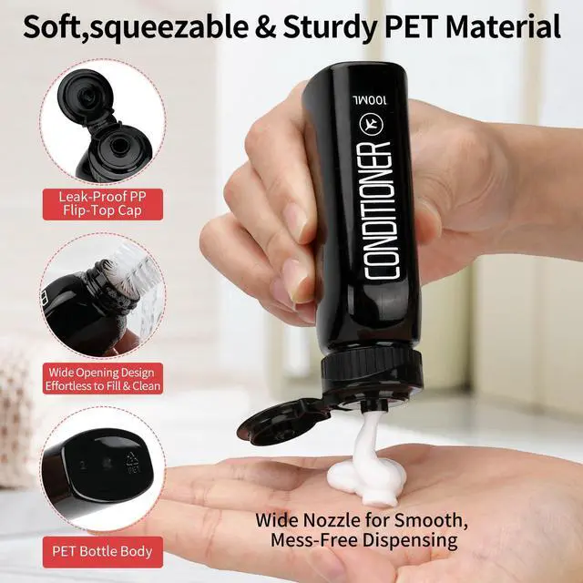 Alt view image 4 of 6 - Travel Bottles for Toiletries 10PCS 100ml/3.4oz Pre-Printed Shampoo, Conditioner & Body Wash TSA Approved 2oz Spray Bottle Leakproof 0.35oz Plastic Cream Jars Refillable Cream Lotion(Black)