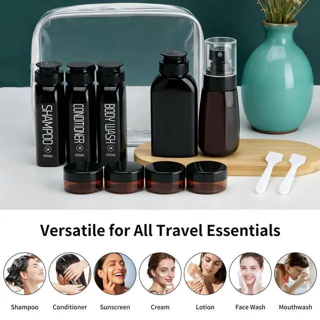 Alt view image 6 of 6 - Travel Bottles for Toiletries 10PCS 100ml/3.4oz Pre-Printed Shampoo, Conditioner & Body Wash TSA Approved 2oz Spray Bottle Leakproof 0.35oz Plastic Cream Jars Refillable Cream Lotion(Black)