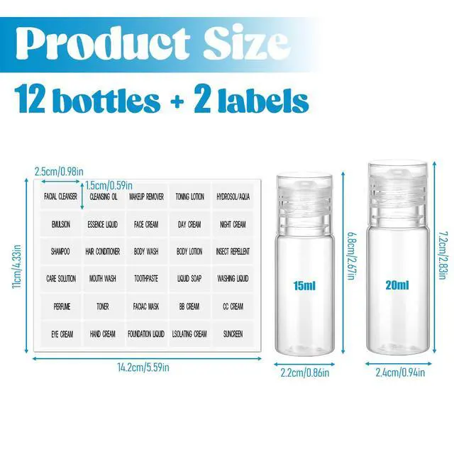 Alt view image 5 of 7 - 12 Pack 15ml/20ml Small Travel Tube Bottles Travel Make up Sample Containers Leak Proof Clear Plastic Mini Cosmetic Bottles Refillable Empty Lotion Squeeze Bottle with Labels for Toiletries Cosmetic
