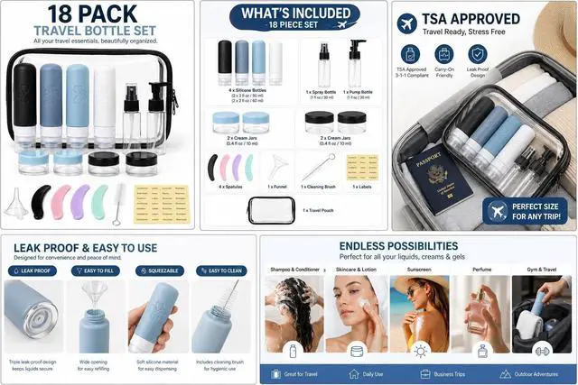 Alt view image 3 of 7 - 18 Pack TSA Approved Travel Bottles for Toiletries Leak Proof Silicone Refillable Containers Set with Toiletry Bag, Squeeze Bottles, Spray Bottles & Cream Jars for Shampoo, Conditioner & Lotion