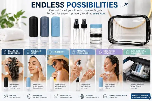 Alt view image 6 of 7 - 18 Pack TSA Approved Travel Bottles for Toiletries Leak Proof Silicone Refillable Containers Set with Toiletry Bag, Squeeze Bottles, Spray Bottles & Cream Jars for Shampoo, Conditioner & Lotion