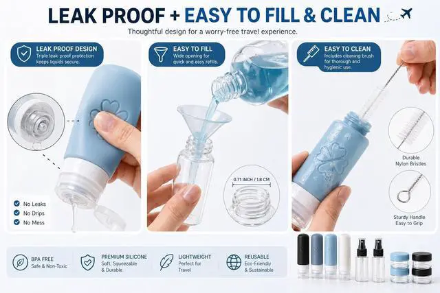Alt view image 5 of 7 - 18 Pack TSA Approved Travel Bottles for Toiletries Leak Proof Silicone Refillable Containers Set with Toiletry Bag, Squeeze Bottles, Spray Bottles & Cream Jars for Shampoo, Conditioner & Lotion
