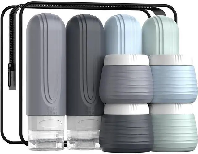 Main image of Travel Bottles for Toiletries 8 Pack, TSA Approved Travel Size Toiletries Containers Set, 4 Silicone Leak Proof Refillable Bottles and 4 Creams Jars Accessories Kit W/Clear Bag (GRAY)