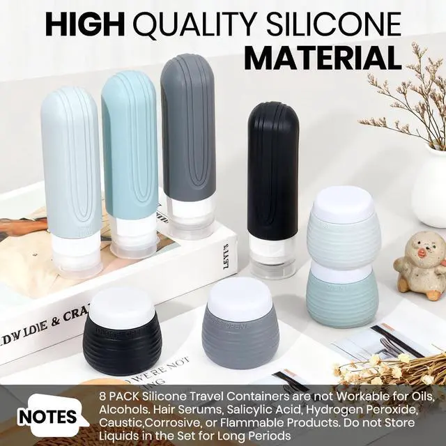 Alt view image 2 of 7 - Travel Bottles for Toiletries 8 Pack, TSA Approved Travel Size Toiletries Containers Set, 4 Silicone Leak Proof Refillable Bottles and 4 Creams Jars Accessories Kit W/Clear Bag (GRAY)