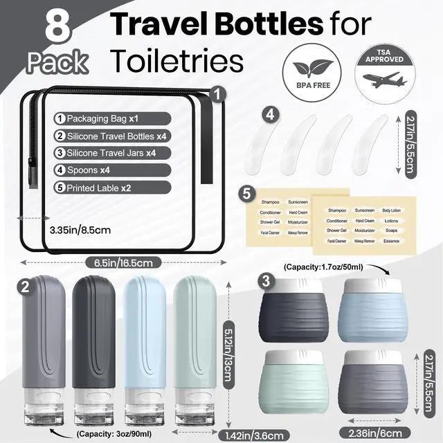 Alt view image 3 of 7 - Travel Bottles for Toiletries 8 Pack, TSA Approved Travel Size Toiletries Containers Set, 4 Silicone Leak Proof Refillable Bottles and 4 Creams Jars Accessories Kit W/Clear Bag (GRAY)