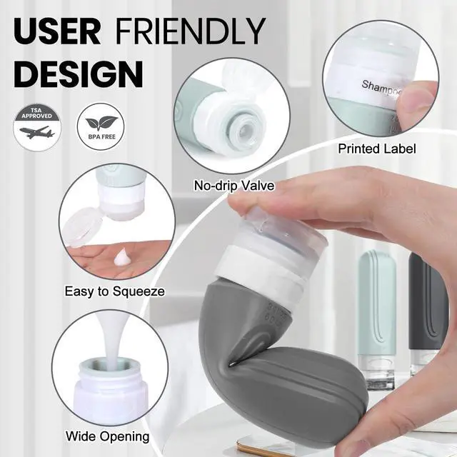 Alt view image 4 of 7 - Travel Bottles for Toiletries 8 Pack, TSA Approved Travel Size Toiletries Containers Set, 4 Silicone Leak Proof Refillable Bottles and 4 Creams Jars Accessories Kit W/Clear Bag (GRAY)