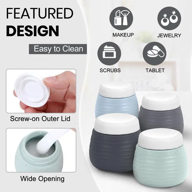 Alt view image 5 of 7 - Travel Bottles for Toiletries 8 Pack, TSA Approved Travel Size Toiletries Containers Set, 4 Silicone Leak Proof Refillable Bottles and 4 Creams Jars Accessories Kit W/Clear Bag (GRAY)