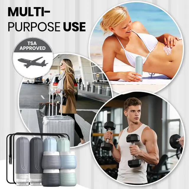 Alt view image 7 of 7 - Travel Bottles for Toiletries 8 Pack, TSA Approved Travel Size Toiletries Containers Set, 4 Silicone Leak Proof Refillable Bottles and 4 Creams Jars Accessories Kit W/Clear Bag (GRAY)