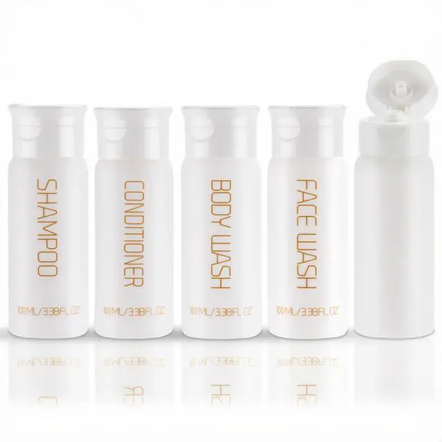 Main image of Travel Bottles for Toiletries 5 PCS 3.38 oz/100ml TSA Approved Leak Proof HDPE Plastic Containers with Pre-Printed Text (No Stickers Needed), Refillable Squeeze Bottle for Shampoo & Lotion