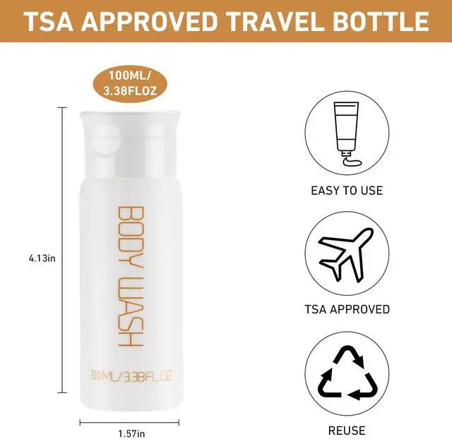 Alt view image 3 of 7 - Travel Bottles for Toiletries 5 PCS 3.38 oz/100ml TSA Approved Leak Proof HDPE Plastic Containers with Pre-Printed Text (No Stickers Needed), Refillable Squeeze Bottle for Shampoo & Lotion