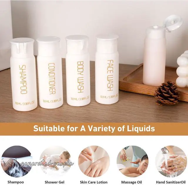 Alt view image 5 of 7 - Travel Bottles for Toiletries 5 PCS 3.38 oz/100ml TSA Approved Leak Proof HDPE Plastic Containers with Pre-Printed Text (No Stickers Needed), Refillable Squeeze Bottle for Shampoo & Lotion